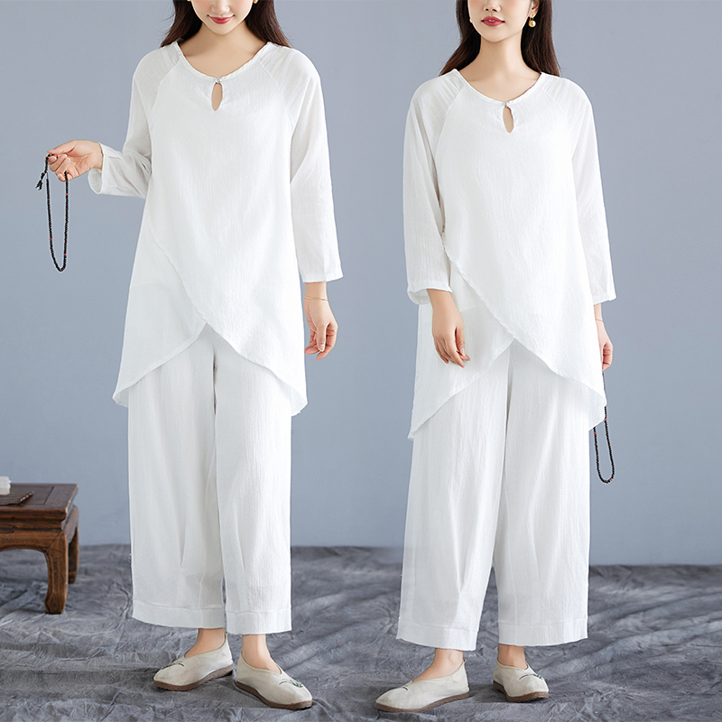White Cotton Linen Set Zen Med - مراجعة Ethnic Wear وسعره